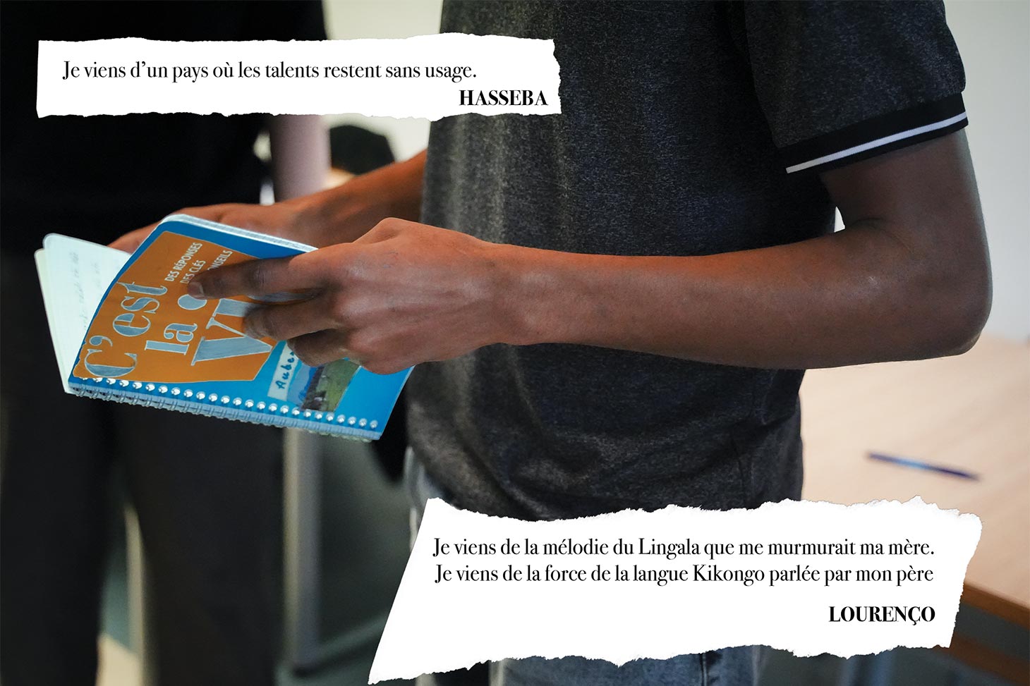 Extrait de l'exposition réalisée par le CAP dans le cadre d'un CPP au CUEF où un étudiant lit à voix haute sa phrase